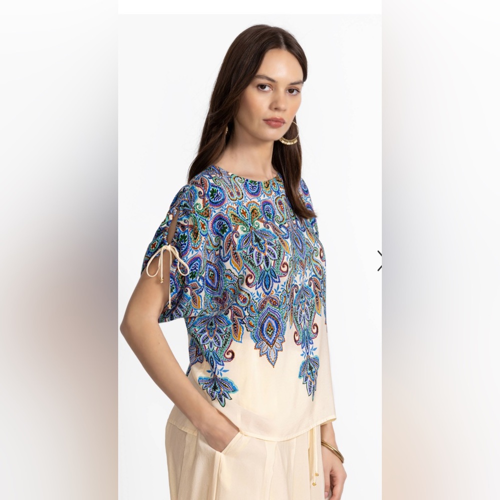 Johnny Was Ruched Sleeve L Top - Blue and Cream NWT